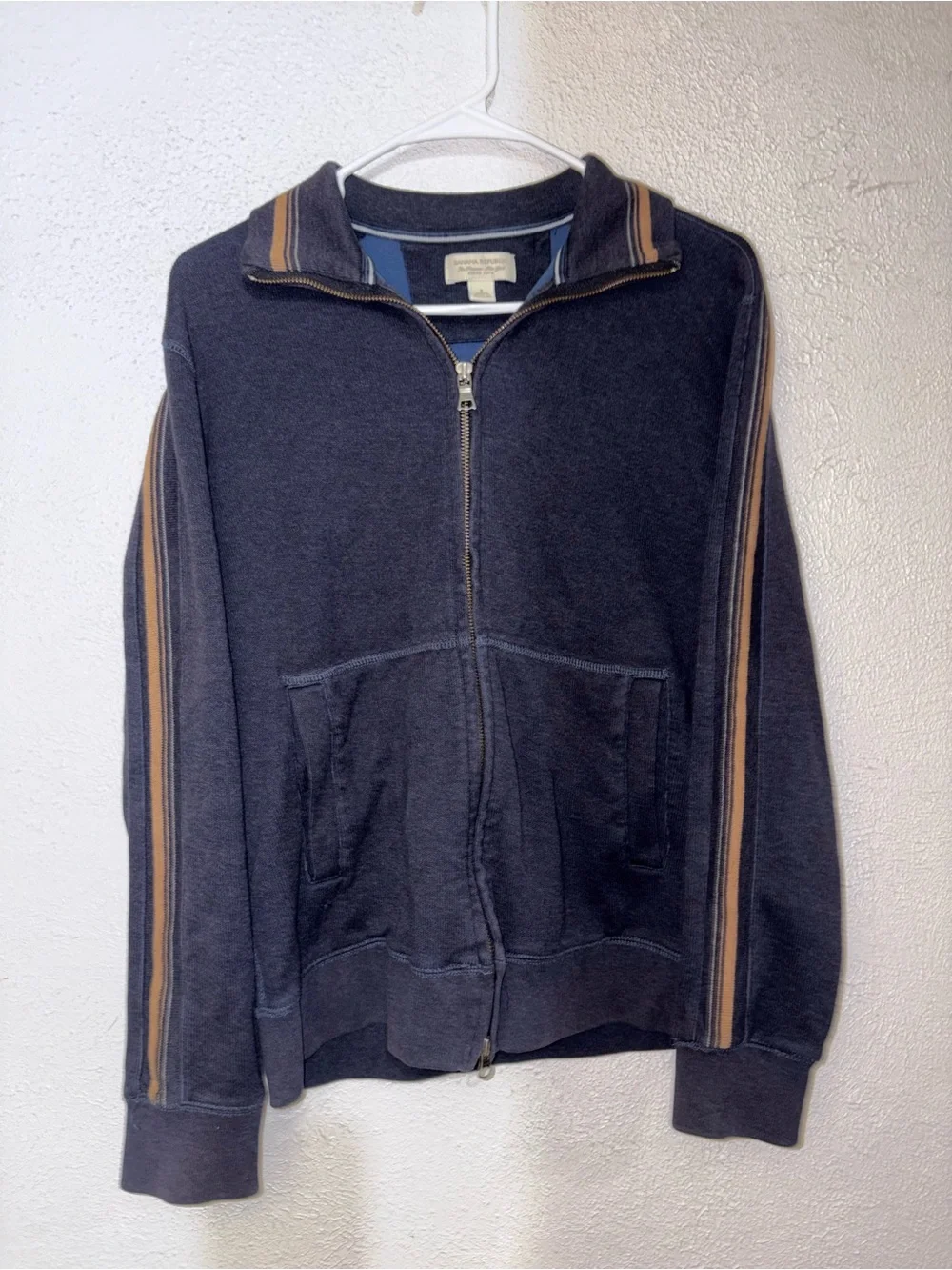 Banana Republic Men's Navy Zip-Up Sweater Jacket with Tan Stripe